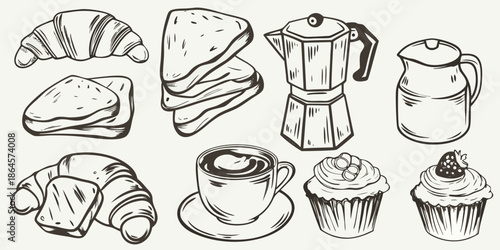 A charming sketch of breakfast items croissants sandwiches coffee and pastries