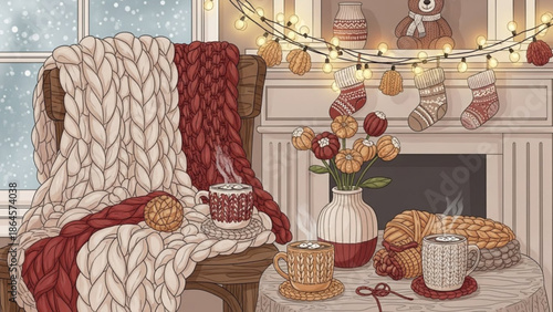 Cozy winter living room scene with fireplace, snowy window, comfortable chair, warm lighting, holiday decorations, and warm beverages with interior with design