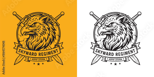 Skyward Regiment Eagle Mascot Logo Design, Fierce Griffin Head Emblem with Crossed Swords and Ribbon