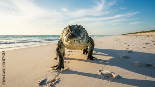 A large alligator or crocodile walks directly towards the camera on a sunlit sandy beach with the ocean in the background.