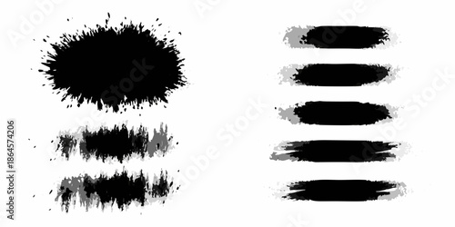 Abstract black ink splashes and brush strokes on a white background