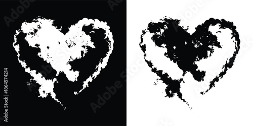 Abstract grunge heart shape illustration in black and white, featuring distressed texture for love, emotion, and design concepts