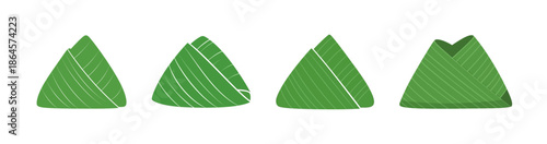 Collection of stylized green triangular food parcels, traditionally wrapped in leaves, representing cultural delicacies and festive meals in a clean graphic illustration