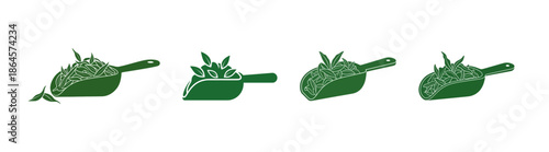 Vibrant green tea leaves and natural herbs in scoops, depicted as clean vector icons, perfect for illustrating organic ingredients, health, and wellness concepts