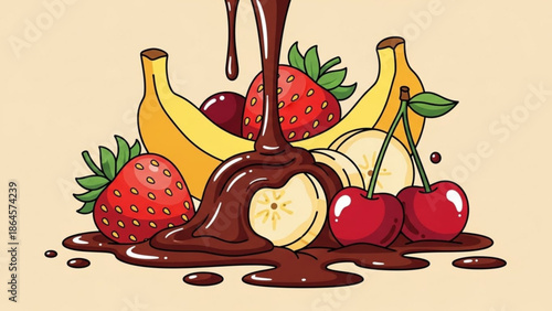 Delicious fruit platter with chocolate sauce pouring over bananas strawberries and cherries on a beige background sweet treat with dessert and healthy