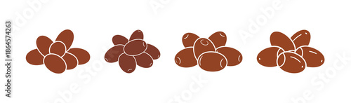 Four distinct piles of roasted coffee beans in a clean, flat vector icon style. Ideal for modern cafe menus, beverage branding, and digital design assets