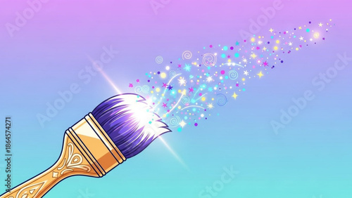 A magical purple paintbrush with sparkling glitter and stars on a gradient background, symbolizing creativity and imagination in art and design with inspiration