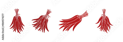 Collection of Red Chili Pepper Bunches, Stylized Red Chili Pepper Bunches Tied with String