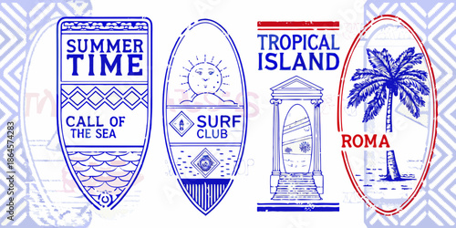 Stylized surfboards depicting summer themes travel destinations and vintage designs