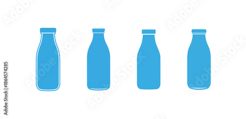 A graphic illustration featuring a collection of four stylized blue milk bottles in a clean, minimalist design, ideal for dairy and beverage product representations or healthy lifestyle concepts