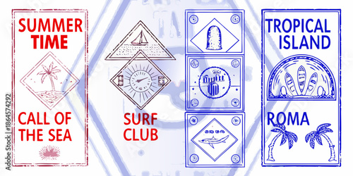 A collection of colorful summer themed badges and travel destination labels