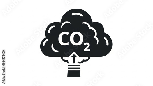 Black silhouette of a tree with co2 cloud pollution rising from industrial chimney pipe on white background, symbolizing environmental impact with climate
