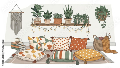 Cozy living room interior with colorful cushions, plants, and decorative items on a shelf and rug, bohemian style home decor with boho and chic with comfortable