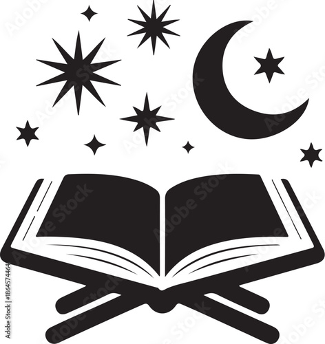 Open book with stars and crescent moon above night sky