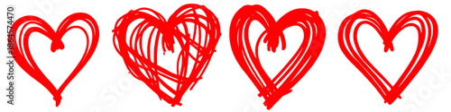 Set of four expressive hand drawn red heart illustrations created with bold and sketchy brush strokes. Ideal for love concepts, emotional designs, Valentine’s Day graphics, modern art projects.
