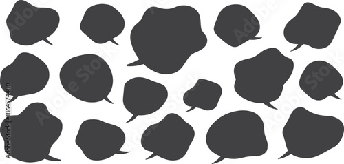 Set of black speech bubble silhouettes in various rounded shapes. Solid dialog icons represent messaging, conversation, and communication concepts. Ideal for chat design, comics, stickers, and modern 