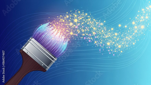 Vibrant purple and blue paintbrush with colorful sparks and glitter particles flying out, against a gradient blue background with swirling lines with design