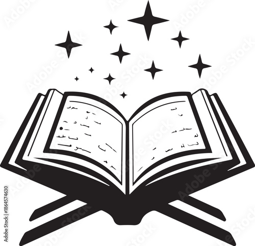 Open book with Arabic script and stars above reading