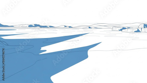 A serene landscape of melting ice floes on a vast frozen sea with cracked surfaces and a hint of snowy terrain under a clear sky with climate change