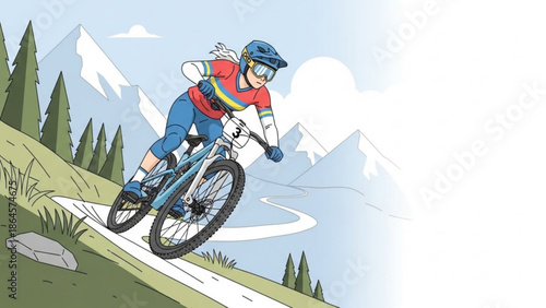 Mountain biker riding down steep trail with snowy peaks and trees in background on sunny day with blue sky with downhill ride and trail riding with adventure