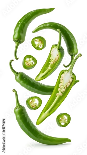 Green Jalapeno Peppers Floating in Air Isolated on White