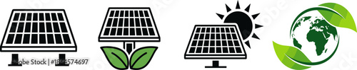 Renewable energy icon set, solar panel graphics, eco-friendly power symbols, sustainability illustration, green technology vector, environmental conservation design