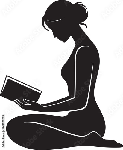 Black silhouette of woman sitting and reading a book