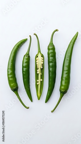 Green Chilies with One Cut Open on White Background