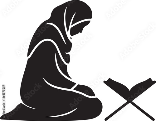 Woman in Hijab Praying with Open Quran Muslim