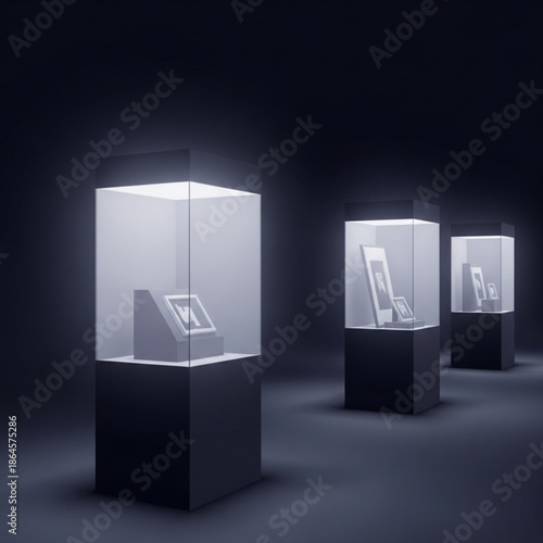 Modern display cases with digital devices showcasing technology and innovation in a minimalist exhibition setting