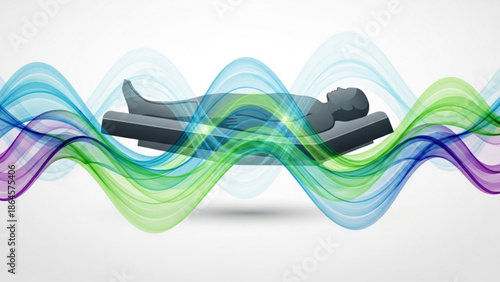 Silhouette of a person on a medical bed surrounded by colorful sound waves representing therapy or healing isolated on white