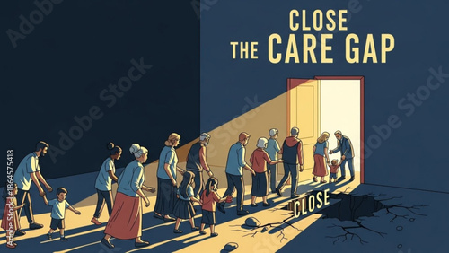 Diverse people in line walking towards a bright open doorway symbolizing closing the care gap concept of access and opportunity