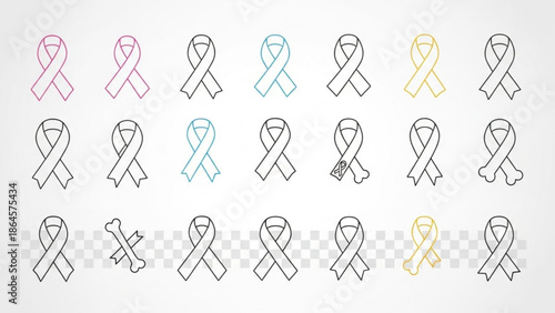 Collection of awareness ribbon icons simple line art symbols for health campaigns and support isolated on transparent background
