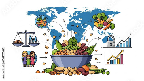 Global food security concept illustration healthy eating and nutrition infographic elements world map background with icons