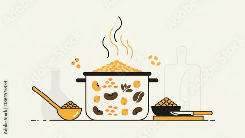 Cooking pot with various beans and grains healthy food illustration flat design for culinary concepts and recipes