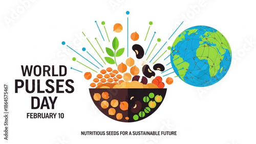 World Pulses Day illustration with bowl of legumes globe and text celebrating nutritious seeds for a sustainable future