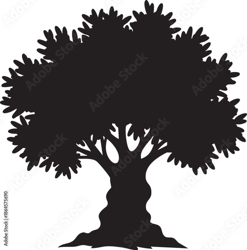 Bold black silhouette of a mature tree with a thick trunk and leafy canopy white nature