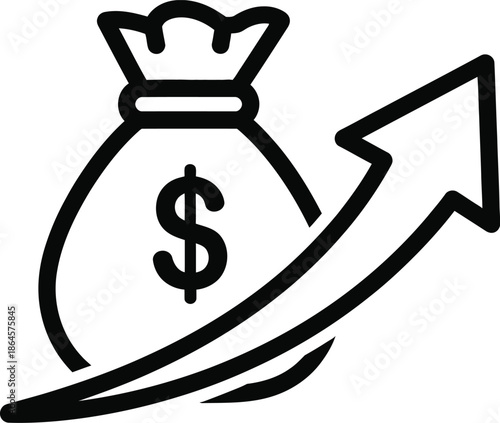Money bag growth icon with upward arrow, profit increase, investment success and financial growth concept