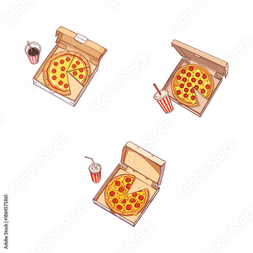 Delicious Hand Drawn Pepperoni Pizza Slice Taken from Box with Cola Drink and King Crown Illustration