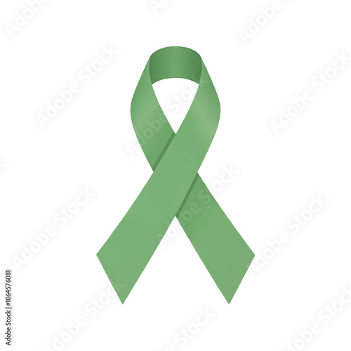 A green ribbon symbolizing awareness and support, isolated on a white background