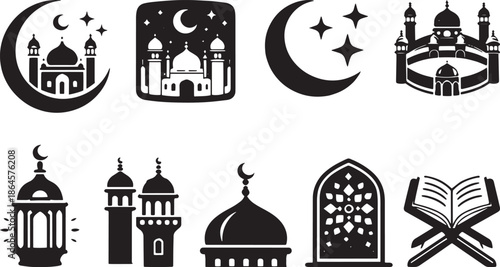 Islamic Mosque and Crescent Icon Set, Ramadan Night Symbols, Black and White Religious Vector Collection