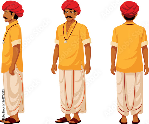 Indian Traditional Man Character Vector with Turban and Dhoti, Front Side Back Views, Cultural Illustration