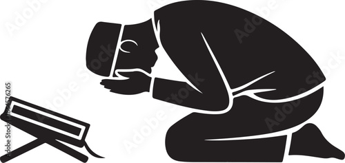 Black silhouette of person praying with prayer mat