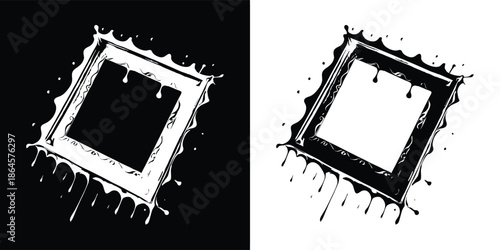 Abstract grunge frame design with ink splatter effect in contrasting black and white, perfect for artistic borders or creative photo overlays