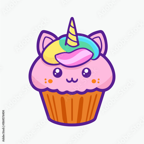 Unicorn Cupcake Kawaii Cartoon Illustration with Rainbow Frosting and Pink Swirl