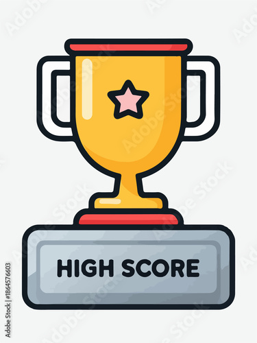 High Score Trophy Illustration – Golden Cartoon Cup with Pink Star and Silver Base Featuring “HIGH SCORE” Text