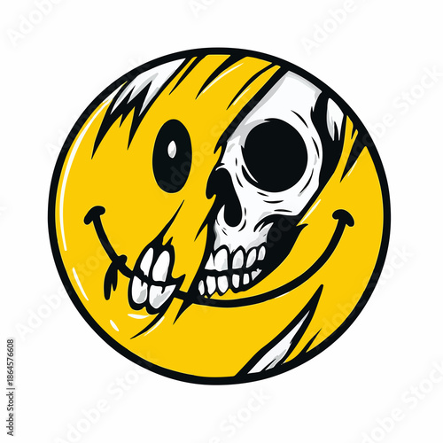 Smiley Skull Illustration – Torn Yellow Face Revealing Skull with Teeth and Eye Socket in Bold Cartoon Style