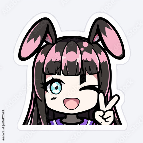 Anime Girl Sticker – Cute Cartoon Character with Pink-Black Hair, Peace Sign, and Winking Expression