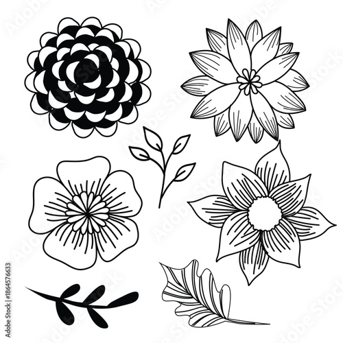 Hand-drawn floral line art illustration set featuring various flowers, leaves, and botanical elements in black and white outline style.