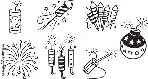 Fireworks and Firecrackers Icon Set, Black and White Line Art Celebration Explosives Vector